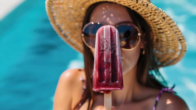 Woman in sunglasses and hat eating ice pop by pool