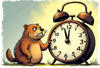A grumpy groundhog standing next to a huge alarm clock is angry that he was woken up, illustration.