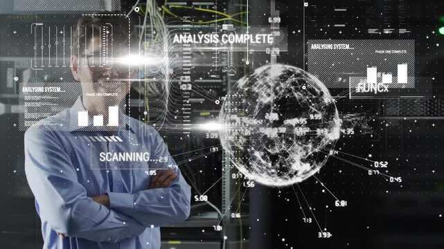 Animation depicts a smiling IT engineer with a globe, highlighting cloud computing.