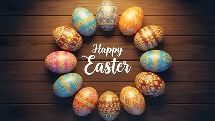 Easter eggs wreath with happy easter greeting