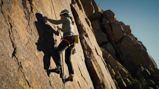 An adult climber in technical gear ascends a rugged mountain face under bright morning light, revealing azure skies and distant peaks, conveying epic determination and triumphant ambition.