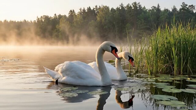 Pair of white swans swimming on the lake with mist and fog in the morning