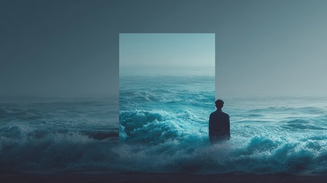 Surreal Man Standing in Ocean Waves with Floating Rectangle Effect