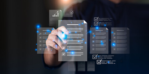 Hand interacting with virtual checklist and digital documents, showcasing smart evaluation, task management, strategy, analytics, and data-driven decision-making for seamless business operations.
