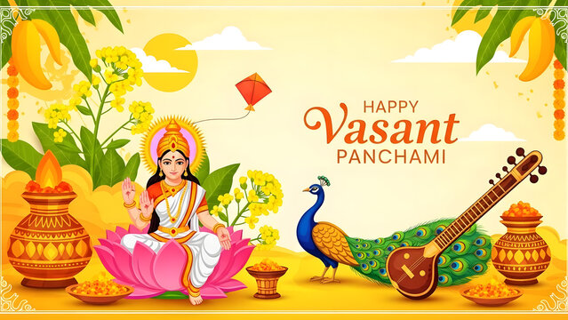 Happy Vasant Panchami. Vasant Panchami Festival Greeting cards and banner design.