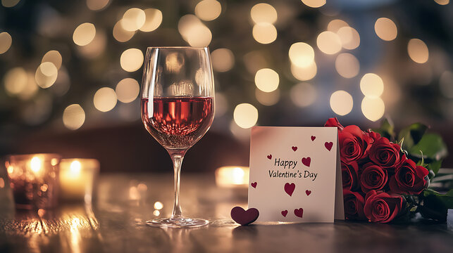 Romantic Valentine Day Candlelight Dinner Scene, Red Wine Glass and Rose Bouquet, Greeting Card with Text, Warm Bokeh Background for Date Celebration and Love Theme

