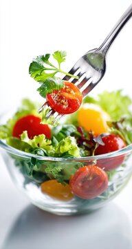 Vibrant Fresh Garden Salad with Cherry Tomatoes Lifted by Fork on Crisp White Background.