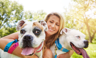 Dog walker, smile and relax with woman in park for animal training, loyalty instructor and hug...
