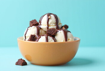 A bowl of ice cream with chocolate sauce and chocolate cookies is placed on a turquoise background.