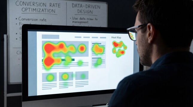 UX designer analyzing website heatmap for user behavior research and conversion optimization.