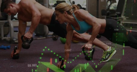 Animation of financial data processing over diverse people exercising in gym - Powered by Adobe