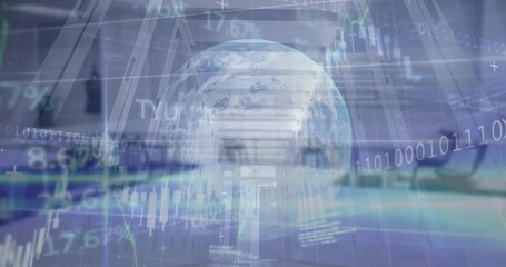Animation of financial and stock market data processing over globe against computer server room - Powered by Adobe