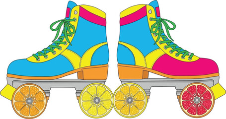 Two retro roller skates bright blue pink yellow colors with fruit slice wheels orange lemon grapefruit fun vintage style drawing