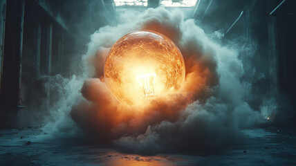 Glowing Idea Sphere Surrounded by Smoke in Dark Industrial Space idea sphere glowing smoke dark orb