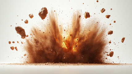 Dynamic Explosion of Brown Dust and Rocks on White Background explosion dust brown dynamic dirt rock
