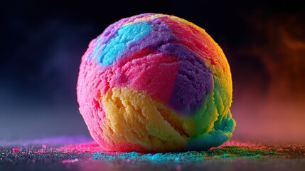 Rainbow Sphere of Flavor: A single scoop of vibrant, multicolored ice cream sits invitingly, showcasing a kaleidoscope of flavors and a delightful textural experience.