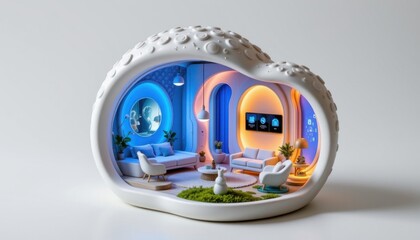 miniature smart home model with organic mushroom inspired form, integrated ai assistant core, adaptive lighting system, responsive smart walls, iot connected appliances, automated curtains