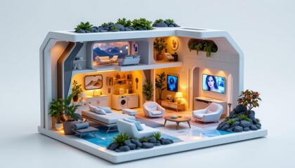 miniature smart home model with underwater style habitat, integrated ai assistant core, adaptive lighting system, responsive smart walls, iot connected appliances, automated curtains