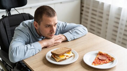 Man in wheelchair contemplating food choices at home kitchen table  