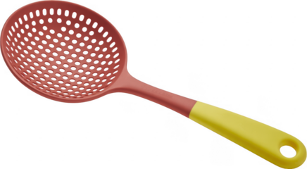 Red and yellow plastic strainer kitchen utensil holes isolated on a transparent background