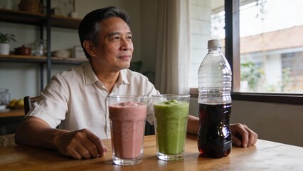 Elderly man enjoying smoothies and soda in cozy kitchen setting  