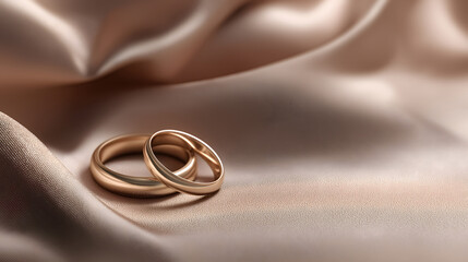 Two gold wedding rings placed on a luxurious silk fabric background Valentine's Day