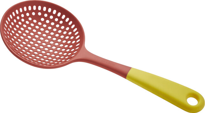 Red and yellow plastic strainer kitchen utensil holes isolated on a transparent background