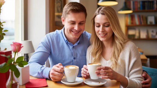 Happy man and woman drinking coffee with heart latte art at a cozy cafe table, smiling at each other. A red rose and gift box complete the romantic setting. Valentine's Day mood.