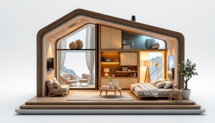 miniature smart home model with minimalist nordic cabin, integrated ai assistant core, adaptive lighting system, responsive smart walls, iot connected appliances, automated curtains