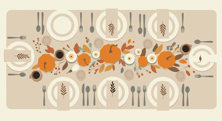 Obraz premium Elegant autumnal table setting with pumpkins and floral accents for a festive gathering.