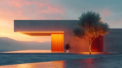 Modern House Facade Minimalist Plaster Concrete Brazilian Tropical Style Twilight Glow Solitary Tree Warm Recessed Lighting Elegant Design Luxurious Serenity (AI-Generated)