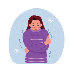 Cold Woman Character Feeling Freezing Winter Weather. Vector flat  cartoon illustration