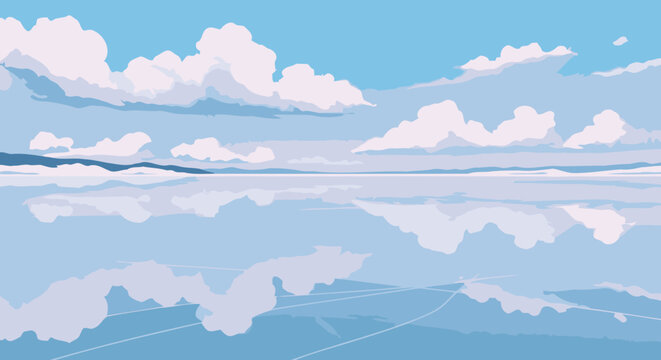 Serene sky with puffy clouds reflected on a vast, flat surface like a salt flat or lake