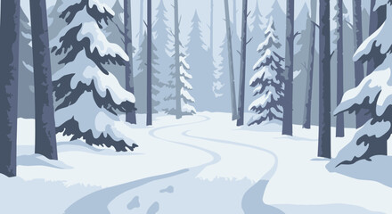 Winding snow-covered path through a winter forest with frosted evergreen trees.