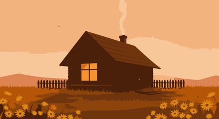 A rustic wooden cabin with a smoking chimney sits in a field of flowers under an orange sky