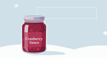 Jar of cranberry sauce on snowy background with snowflakes