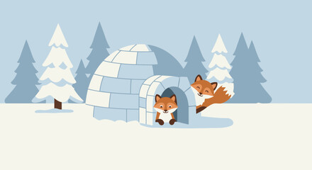 Cute foxes playing in a snow-covered forest next to an igloo.
