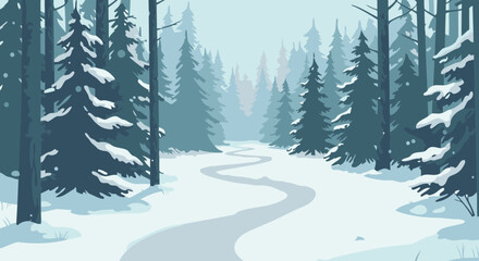 Snowy pine forest path, a winding trail through snow-laden evergreen trees. Cold winter landscape, serene woodland scene.