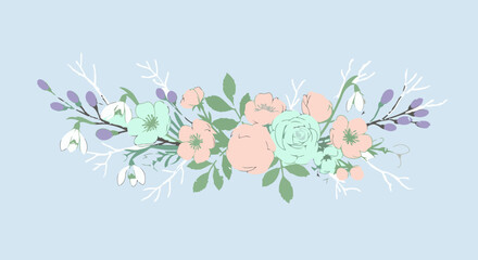 Soft pastel floral arrangement with snowdrops on a light blue background.