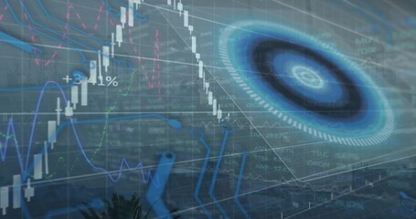 Animation of round scanner over stock market data processing against aerial view of cityscape - Powered by Adobe