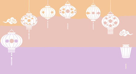 Decorative white Chinese lanterns with floral patterns hang against a pastel background with stylized clouds.
