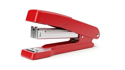 Red stapler on white background with clean studio lighting for office supplies.