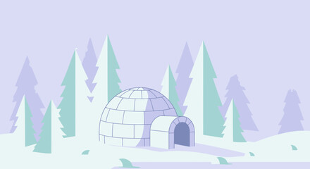 Animated igloo with snow-covered pine trees in arctic landscape. © Waleed