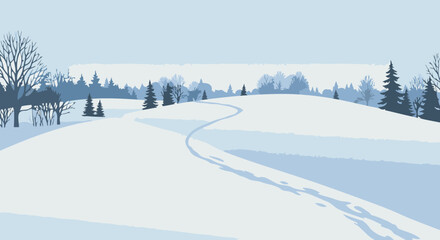 A winding snow-covered path leads through a serene winter landscape with bare trees and evergreen forests under a pale sky.