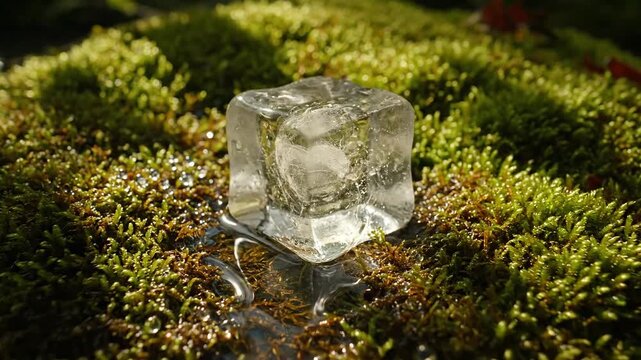 Ice cube melting on moss-covered rock by stream, environmental concept, nature, water, forest, and cool freshness.