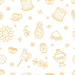 Seamless pattern Maslenitsa traditional holiday marking the end of winter. Vector doodle illustration wallpaper. Background Shrovetide.