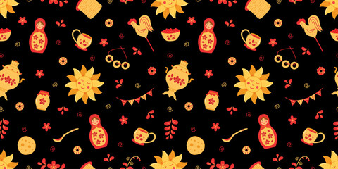 Seamless pattern Maslenitsa is a traditional holiday marking the end of winter. Background Shrovetide. Vector doodle illustration wallpaper.