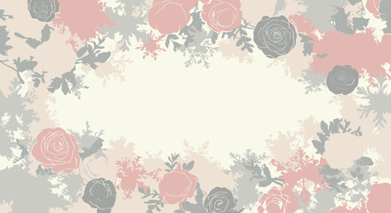 Elegant floral border with rose and snowflake silhouettes on a cream background.