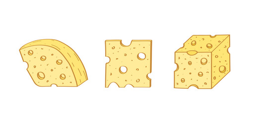 A set of pieces of cheese with holes. Vector illustration of dairy products cheeses.