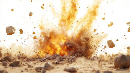 Powerful Fiery Explosion on Dry Ground with Debris explosion fiery debris ground powerful blast fire